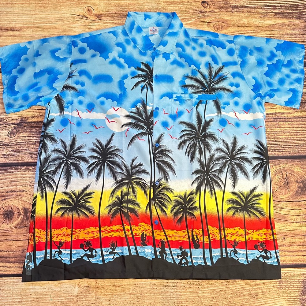 La Leela Mens 2XL Hawaiian Shirt Blue Tropical Palm Tree Sunset Beach Button Up